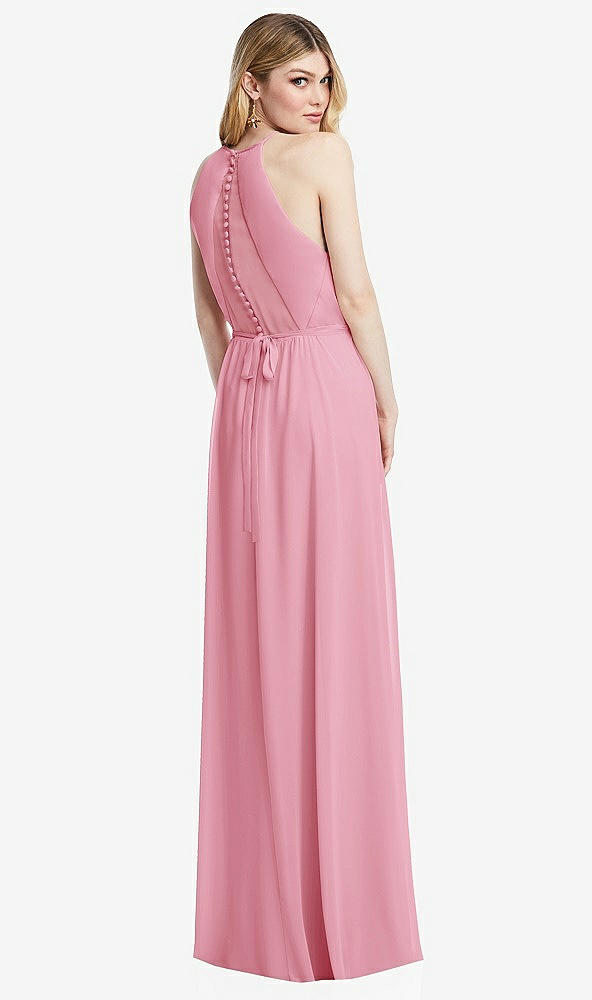 Back View - Peony Pink Illusion Back Halter Maxi Dress with Covered Button Detail