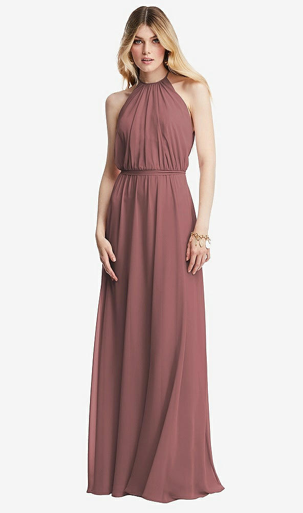 Front View - Rosewood Illusion Back Halter Maxi Dress with Covered Button Detail