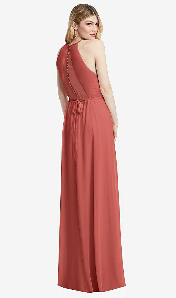 Back View - Coral Pink Illusion Back Halter Maxi Dress with Covered Button Detail