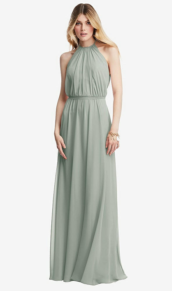 Front View - Willow Green Illusion Back Halter Maxi Dress with Covered Button Detail