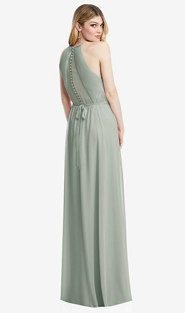 Back View - Willow Green Illusion Back Halter Maxi Dress with Covered Button Detail