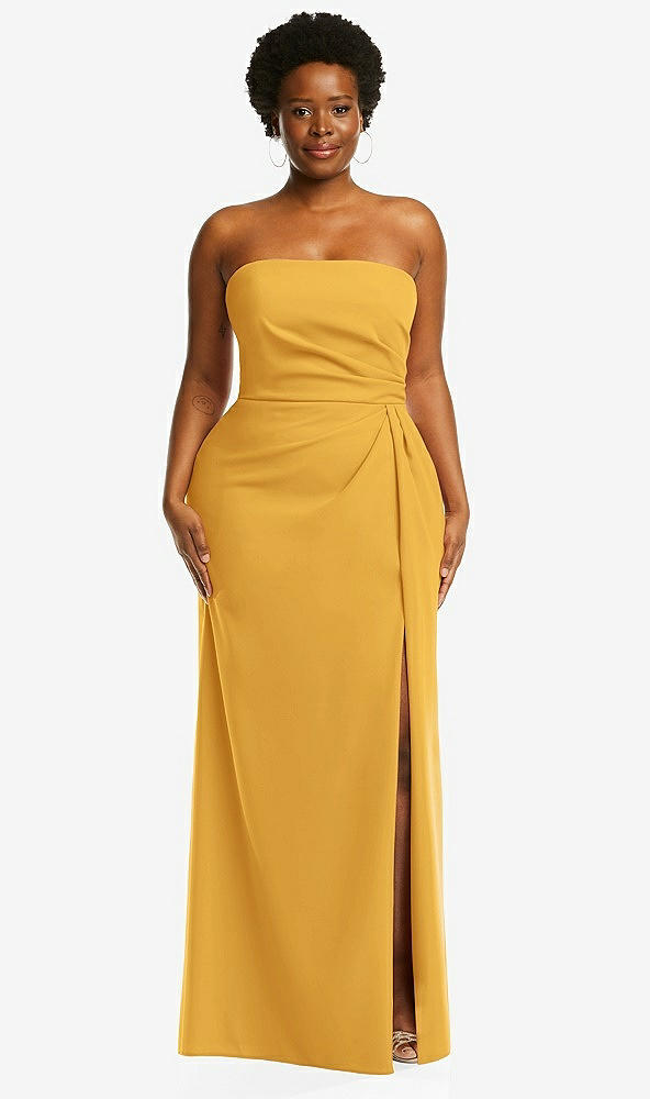 Front View - NYC Yellow Strapless Pleated Faux Wrap Trumpet Gown with Front Slit