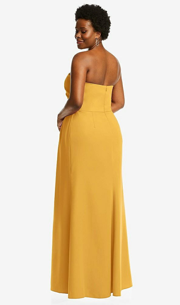 Back View - NYC Yellow Strapless Pleated Faux Wrap Trumpet Gown with Front Slit