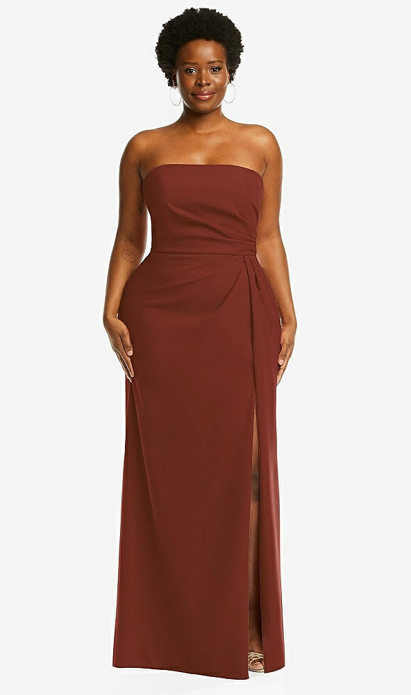 Front View - Auburn Moon Strapless Pleated Faux Wrap Trumpet Gown with Front Slit