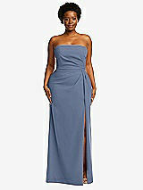 Front View Thumbnail - Larkspur Blue Strapless Pleated Faux Wrap Trumpet Gown with Front Slit