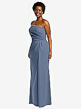 Side View Thumbnail - Larkspur Blue Strapless Pleated Faux Wrap Trumpet Gown with Front Slit