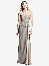 Alt View 1 Thumbnail - Taupe Strapless Pleated Faux Wrap Trumpet Gown with Front Slit