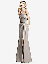 Alt View 2 Thumbnail - Taupe Strapless Pleated Faux Wrap Trumpet Gown with Front Slit