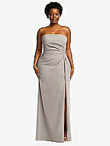 Front View Thumbnail - Taupe Strapless Pleated Faux Wrap Trumpet Gown with Front Slit