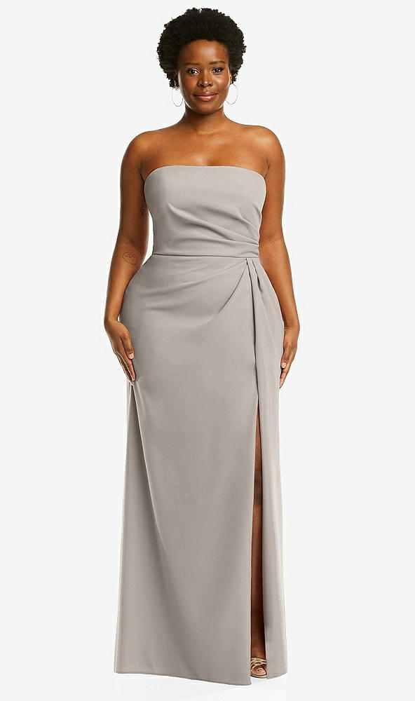 Front View - Taupe Strapless Pleated Faux Wrap Trumpet Gown with Front Slit