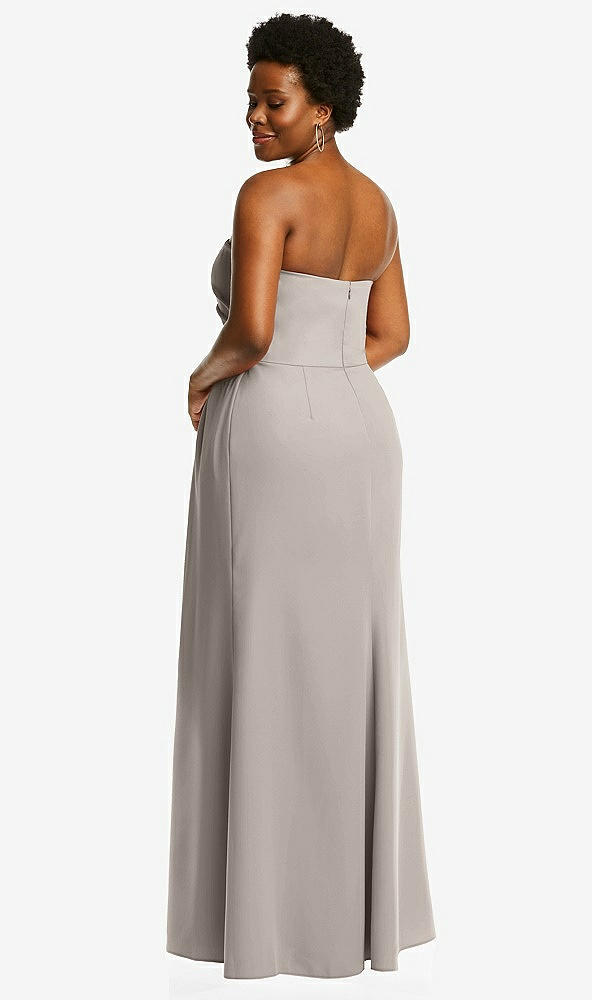 Back View - Taupe Strapless Pleated Faux Wrap Trumpet Gown with Front Slit