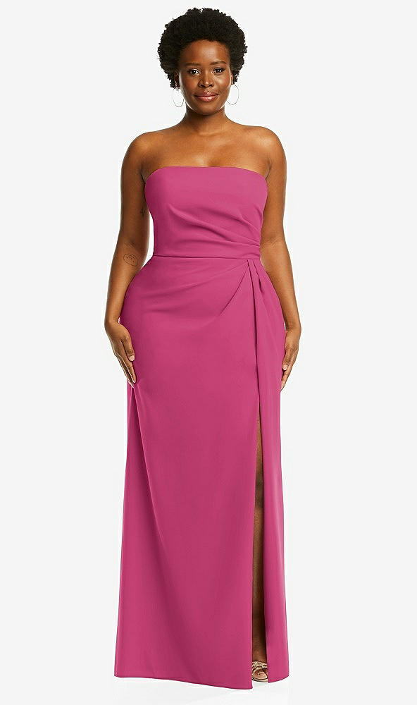 Front View - Tea Rose Strapless Pleated Faux Wrap Trumpet Gown with Front Slit