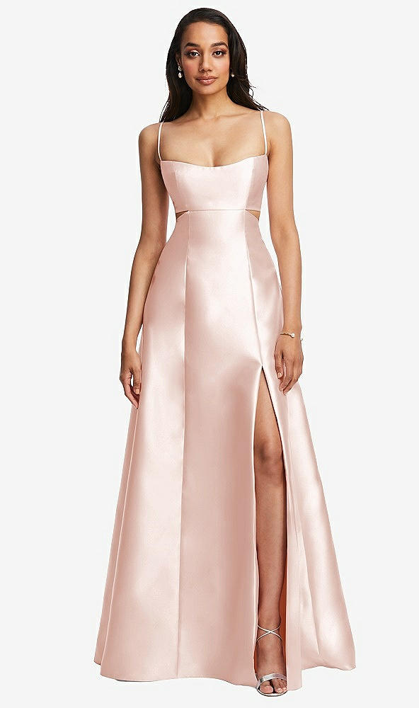 Front View - Blush Open Neckline Cutout Satin Twill A-Line Gown with Pockets