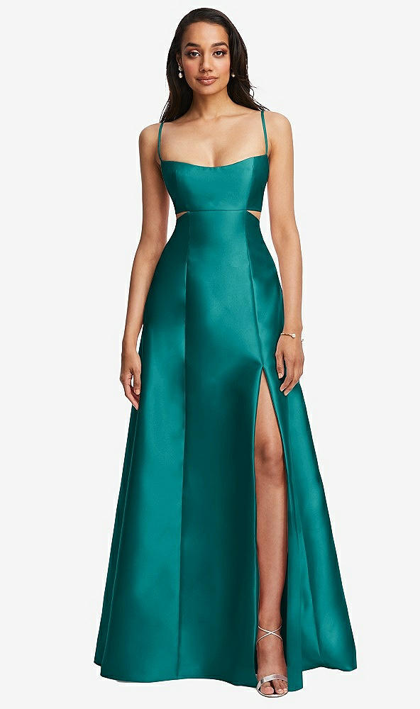 Front View - Jade Open Neckline Cutout Satin Twill A-Line Gown with Pockets