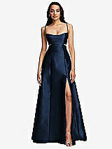 Front View Thumbnail - Midnight Navy Open Neckline Cutout Satin Twill A-Line Gown with Pockets