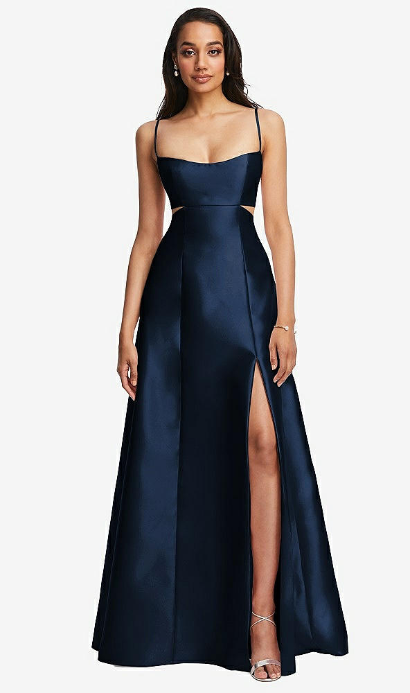 Front View - Midnight Navy Open Neckline Cutout Satin Twill A-Line Gown with Pockets