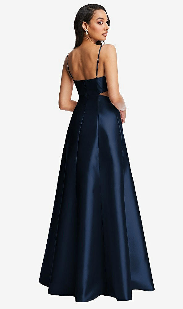 Back View - Midnight Navy Open Neckline Cutout Satin Twill A-Line Gown with Pockets