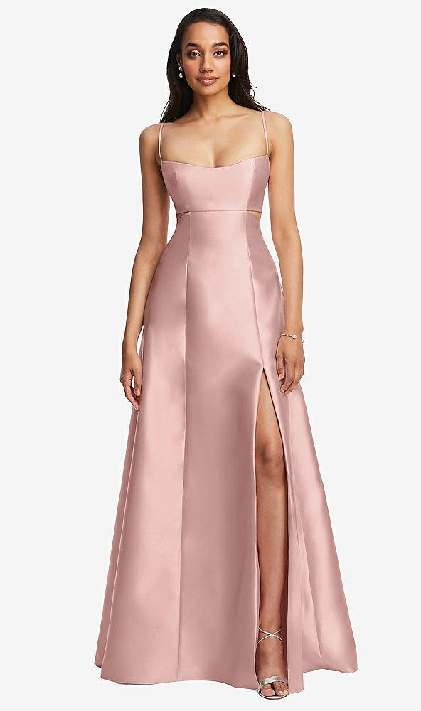 Front View - Rose - PANTONE Rose Quartz Open Neckline Cutout Satin Twill A-Line Gown with Pockets