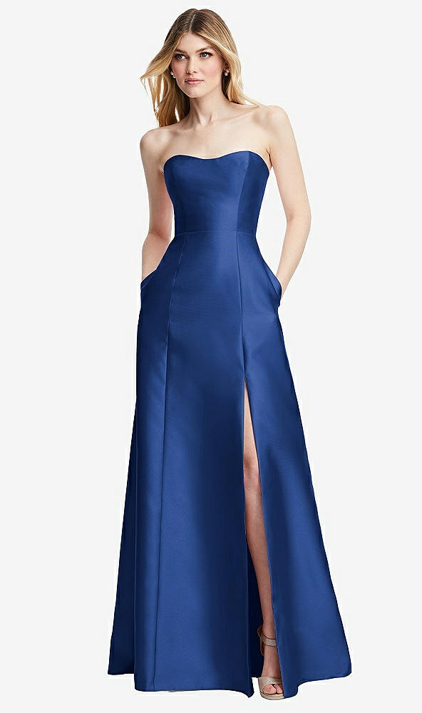 Back View - Classic Blue Strapless A-line Satin Gown with Modern Bow Detail