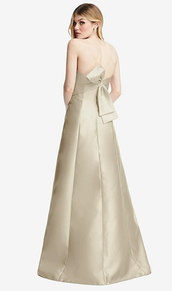 Front View - Champagne Strapless A-line Satin Gown with Modern Bow Detail