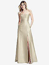 Rear View Thumbnail - Champagne Strapless A-line Satin Gown with Modern Bow Detail