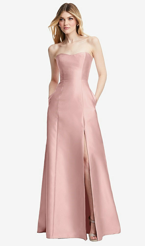 Back View - Rose - PANTONE Rose Quartz Strapless A-line Satin Gown with Modern Bow Detail