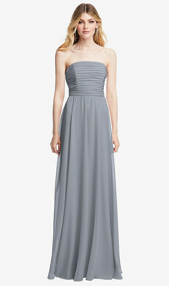 Front View - Platinum Shirred Bodice Strapless Chiffon Maxi Dress with Optional Straps
