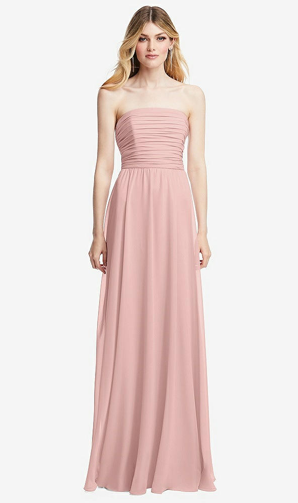 Front View - Rose - PANTONE Rose Quartz Shirred Bodice Strapless Chiffon Maxi Dress with Optional Straps