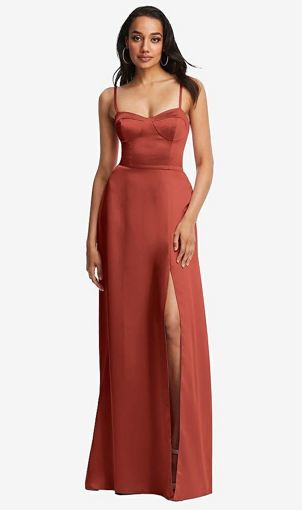 Front View - Amber Sunset Bustier A-Line Maxi Dress with Adjustable Spaghetti Straps