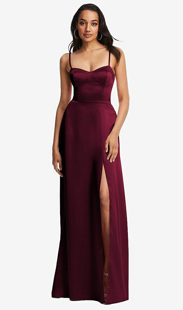 Front View - Cabernet Bustier A-Line Maxi Dress with Adjustable Spaghetti Straps