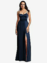 Front View Thumbnail - Midnight Navy Bustier A-Line Maxi Dress with Adjustable Spaghetti Straps