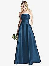 Alt View 1 Thumbnail - Dusk Blue Strapless Bias Cuff Bodice Satin Gown with Pockets