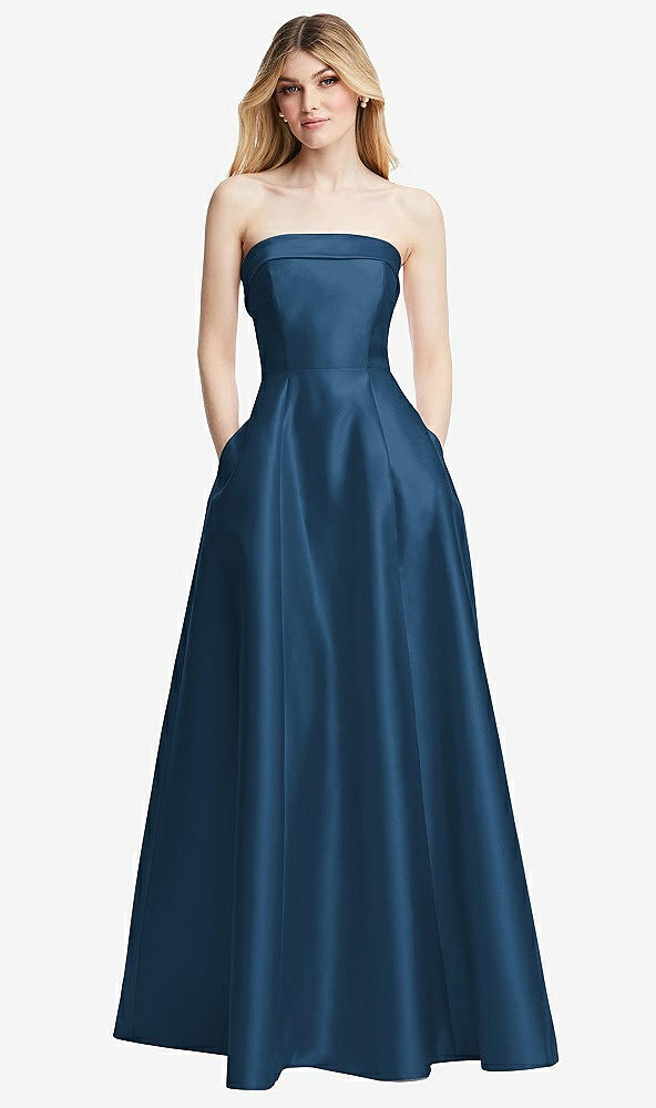 Front View - Dusk Blue Strapless Bias Cuff Bodice Satin Gown with Pockets