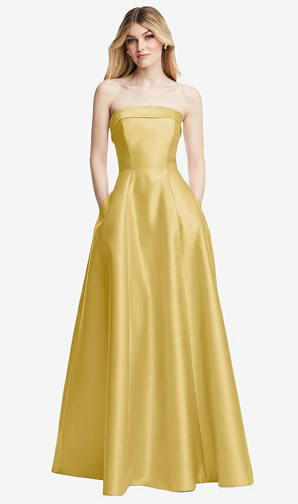 Front View - Maize Strapless Bias Cuff Bodice Satin Gown with Pockets
