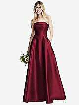 Alt View 1 Thumbnail - Burgundy Strapless Bias Cuff Bodice Satin Gown with Pockets