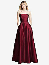 Front View Thumbnail - Burgundy Strapless Bias Cuff Bodice Satin Gown with Pockets