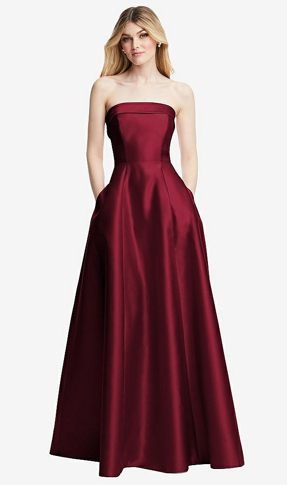 Front View - Burgundy Strapless Bias Cuff Bodice Satin Gown with Pockets