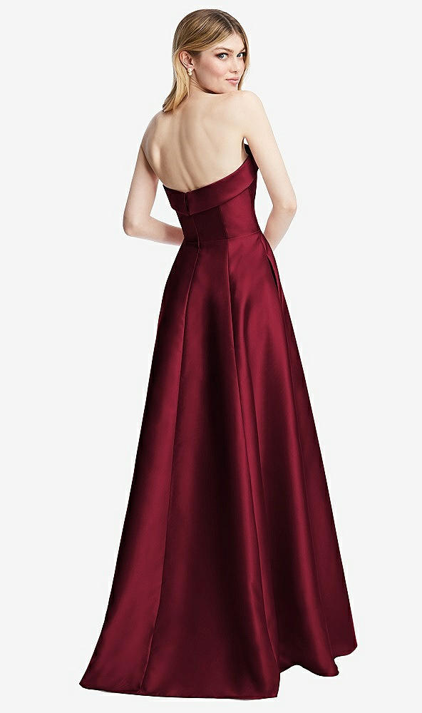 Back View - Burgundy Strapless Bias Cuff Bodice Satin Gown with Pockets