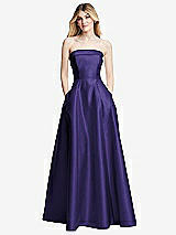 Front View Thumbnail - Grape Strapless Bias Cuff Bodice Satin Gown with Pockets