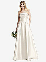 Alt View 1 Thumbnail - Ivory Strapless Bias Cuff Bodice Satin Gown with Pockets
