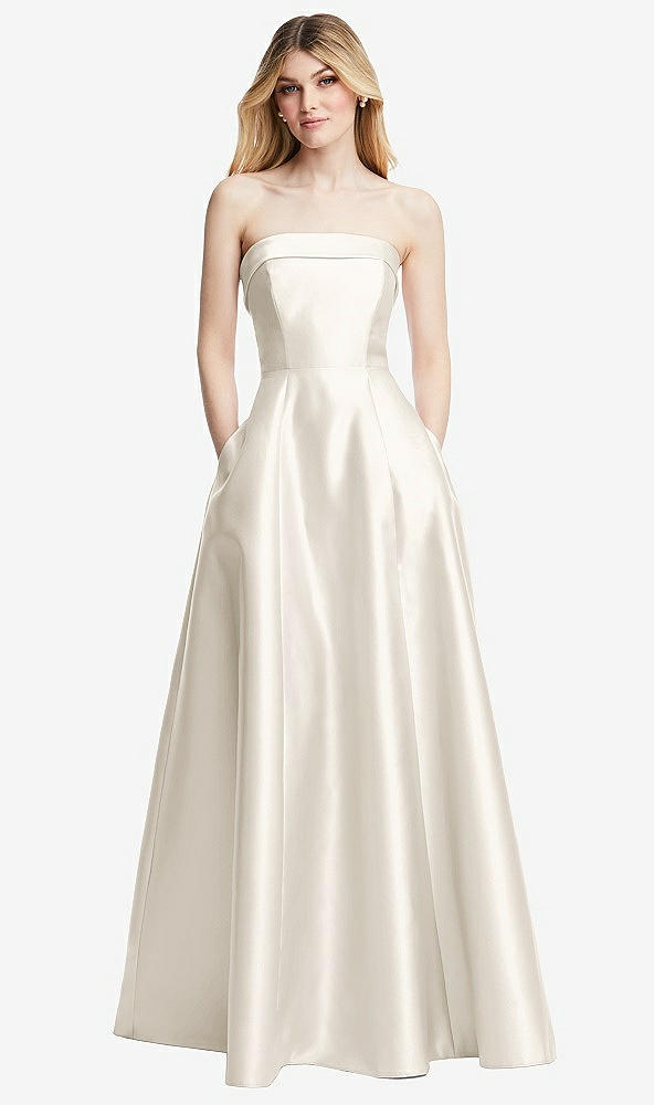 Front View - Ivory Strapless Bias Cuff Bodice Satin Gown with Pockets