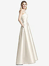 Side View Thumbnail - Ivory Strapless Bias Cuff Bodice Satin Gown with Pockets