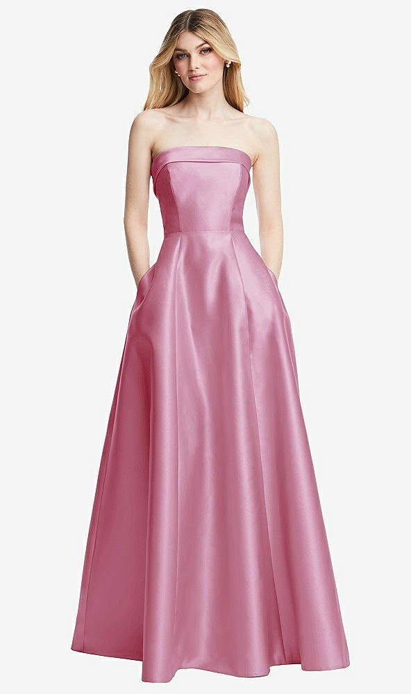 Front View - Powder Pink Strapless Bias Cuff Bodice Satin Gown with Pockets