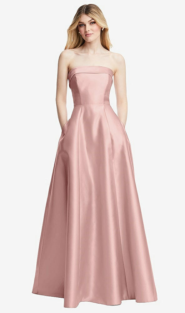Front View - Rose - PANTONE Rose Quartz Strapless Bias Cuff Bodice Satin Gown with Pockets