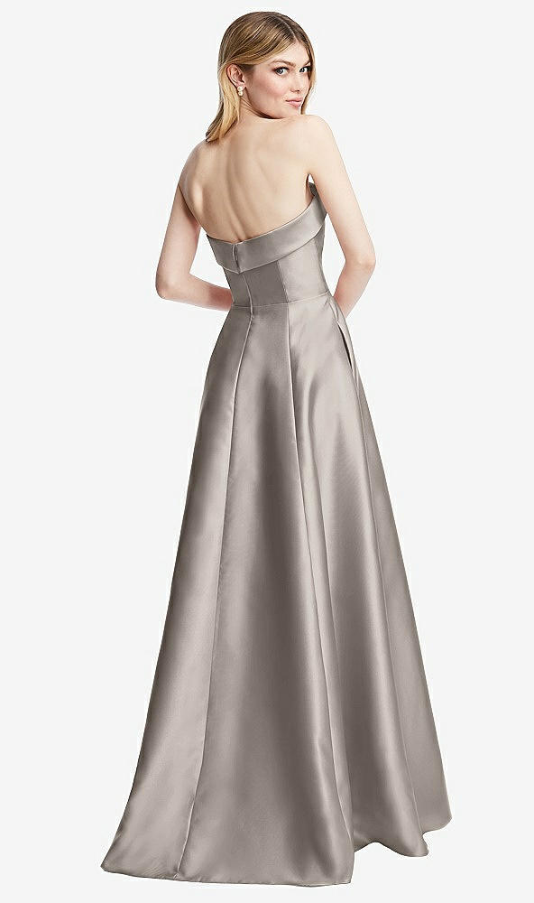 Back View - Taupe Strapless Bias Cuff Bodice Satin Gown with Pockets