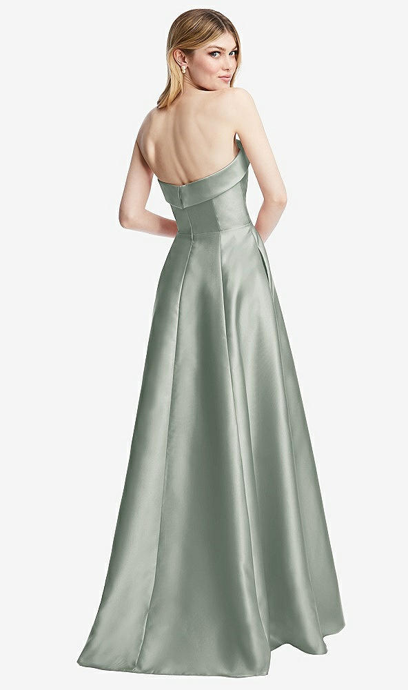 Back View - Willow Green Strapless Bias Cuff Bodice Satin Gown with Pockets