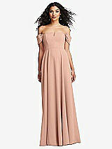 Front View Thumbnail - Pale Peach Off-the-Shoulder Pleated Cap Sleeve A-line Maxi Dress