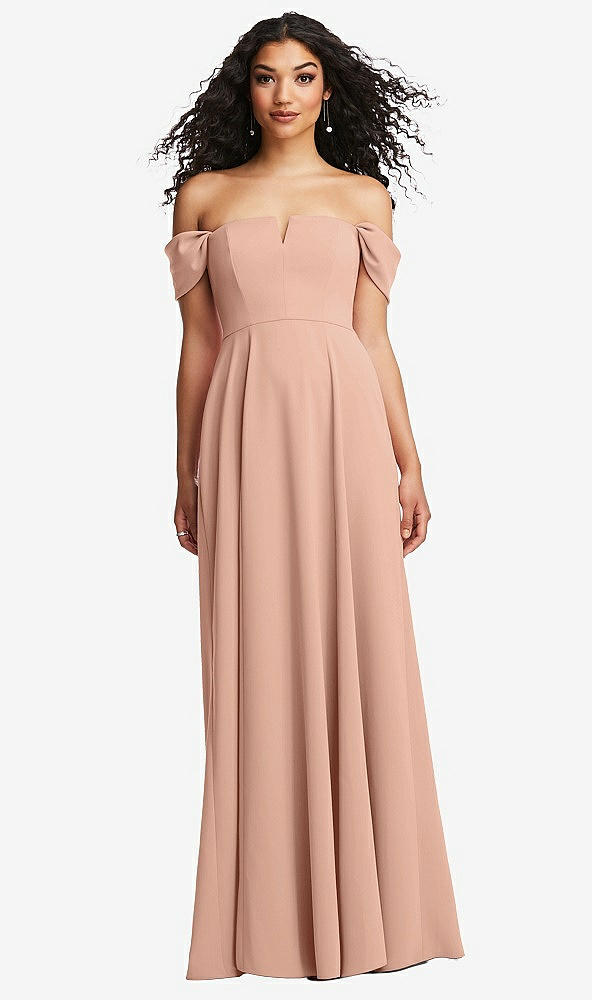 Front View - Pale Peach Off-the-Shoulder Pleated Cap Sleeve A-line Maxi Dress