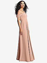 Side View Thumbnail - Pale Peach Off-the-Shoulder Pleated Cap Sleeve A-line Maxi Dress