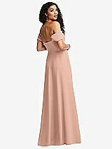 Rear View Thumbnail - Pale Peach Off-the-Shoulder Pleated Cap Sleeve A-line Maxi Dress